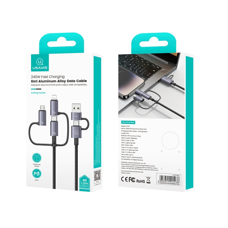 Câble de charge rapide et de données 6 en 1 en alliage d'aluminium USAMS SJ737 240 W, longueur : 1,2 m (couleur bronze)
