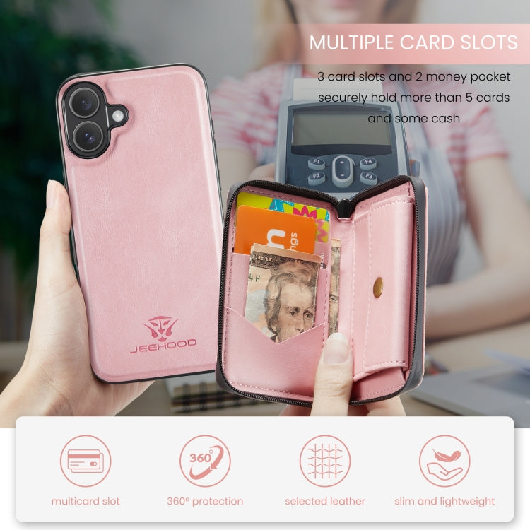 For iPhone 16 JEEHOOD J02 Magnetic Zipper Horizontal Flip Leather Phone Case(Pink)