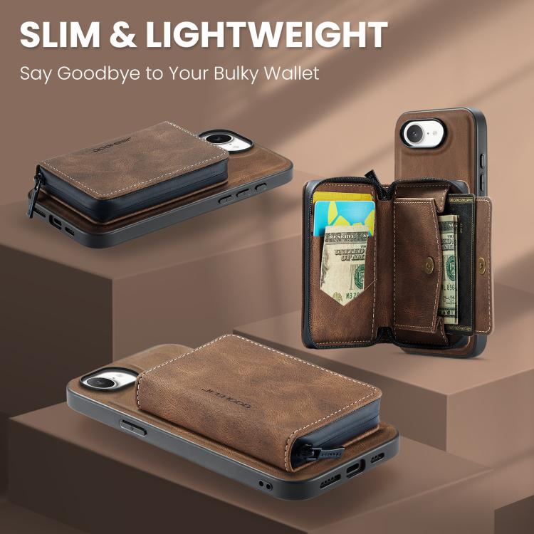 For iPhone 17e / 16e JEEHOOD J02 Magnetic Zipper Horizontal Flip Leather Phone Case(Brown)
