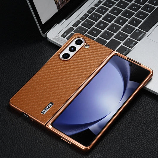 For Samsung Galaxy Z Fold5 5G AZNS Electroplated Edge Carbon Fiber Texture Phone Case(Brown)