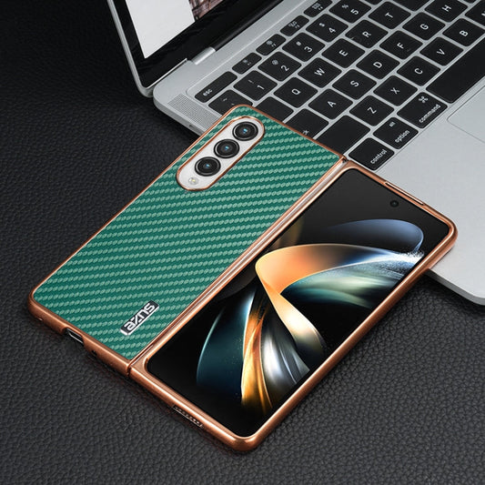 For Samsung Galaxy Z Fold4 5G AZNS Electroplated Edge Carbon Fiber Texture Phone Case(Green)