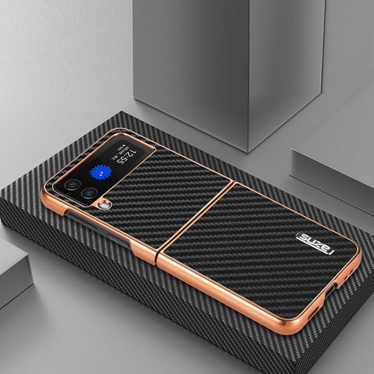 For Samsung Galaxy Z Flip3 5G AZNS Electroplated Edge Carbon Fiber Texture Phone Case(Black)