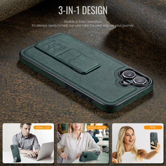 For iPhone 16 Plus Fierre Shann Oil Wax Cow Leather Holder Back Phone Case(Green)
