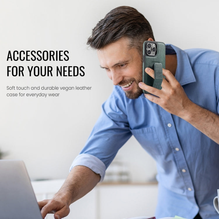 For iPhone 15 Pro Max Fierre Shann Oil Wax Cow Leather Holder Back Phone Case(Green)