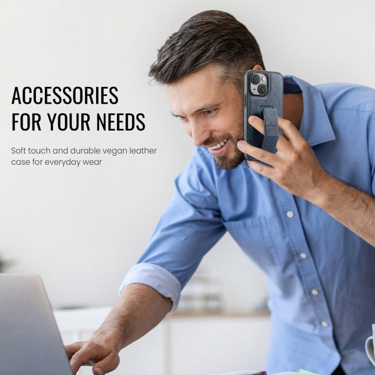 For iPhone 15 Fierre Shann Oil Wax Cow Leather Holder Back Phone Case(Blue)