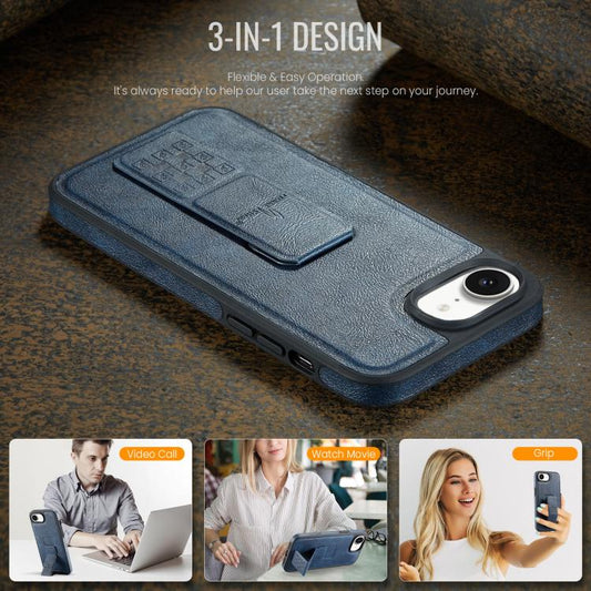 For iPhone 17e / 16e Fierre Shann Oil Wax Cow Leather Holder Back Phone Case(Blue)