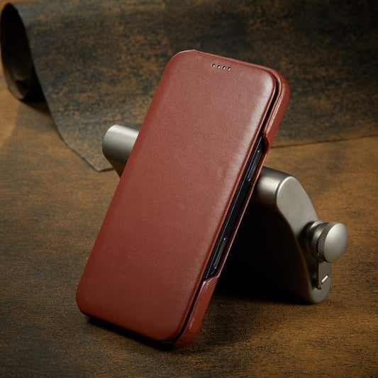 For iPhone 16 Pro Fierre Shann Top Layer Cowhide Business Magnetic Leather Phone Case(Brown)