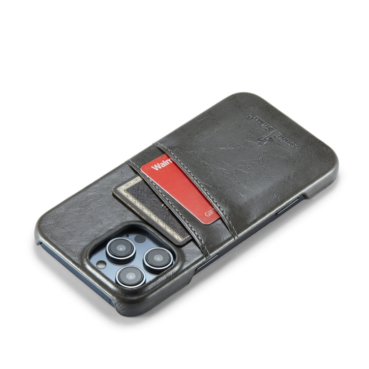 For iPhone 16 Pro Fierre Shann Retro Oil Wax Texture Card Slots PU Leather Phone Case(Grey)