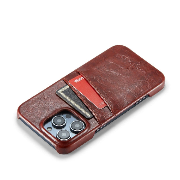 For iPhone 16 Pro Fierre Shann Retro Oil Wax Texture Card Slots PU Leather Phone Case(Brown)