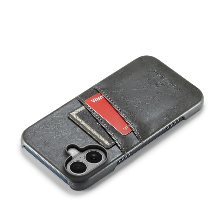 For iPhone 16 Fierre Shann Retro Oil Wax Texture Card Slots PU Leather Phone Case(Grey)