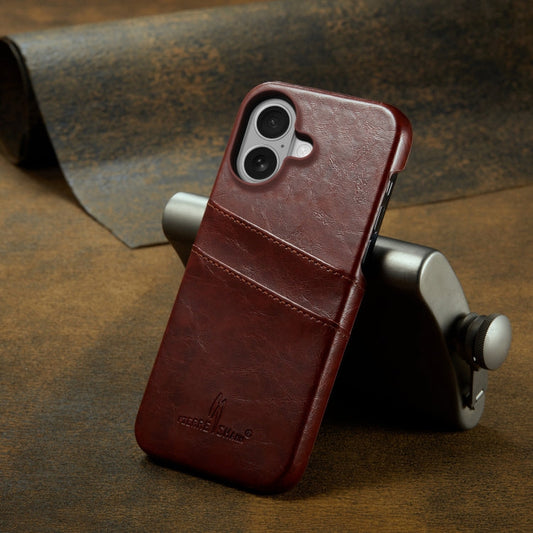 For iPhone 16 Fierre Shann Retro Oil Wax Texture Card Slots PU Leather Phone Case(Brown)