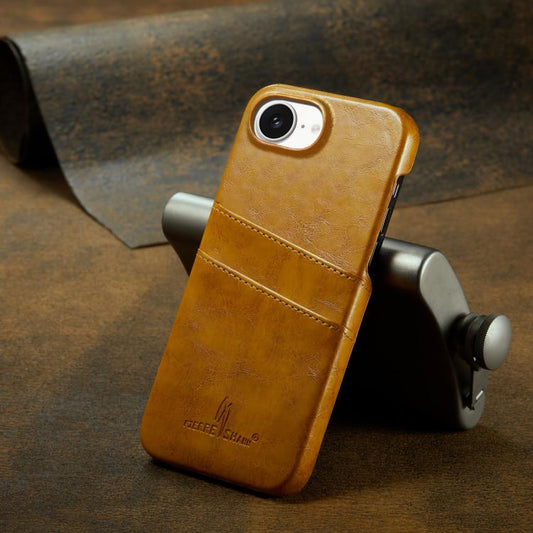 For iPhone 17e / 16e Fierre Shann Retro Oil Wax Texture Card Slots PU Leather Phone Case(Yellow)