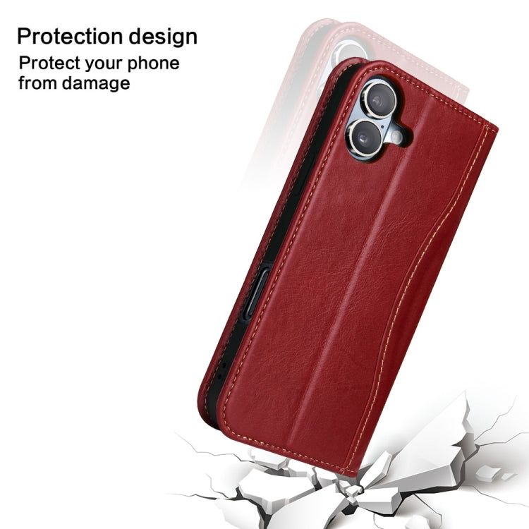 For iPhone 16 Fierre Shann Cowhide Leather Flip Leather Phone Case(Red)