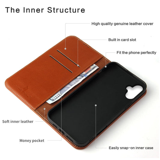 For iPhone 16 Fierre Shann Cowhide Leather Flip Leather Phone Case(Brown)