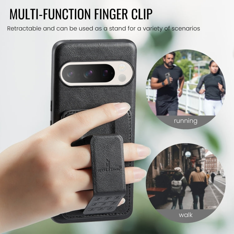 Pour l'étui de téléphone arrière en cuir de vachette ciré Fierre Shann avec porte-cartes pour Google Pixel 9 Pro XL (Noir)