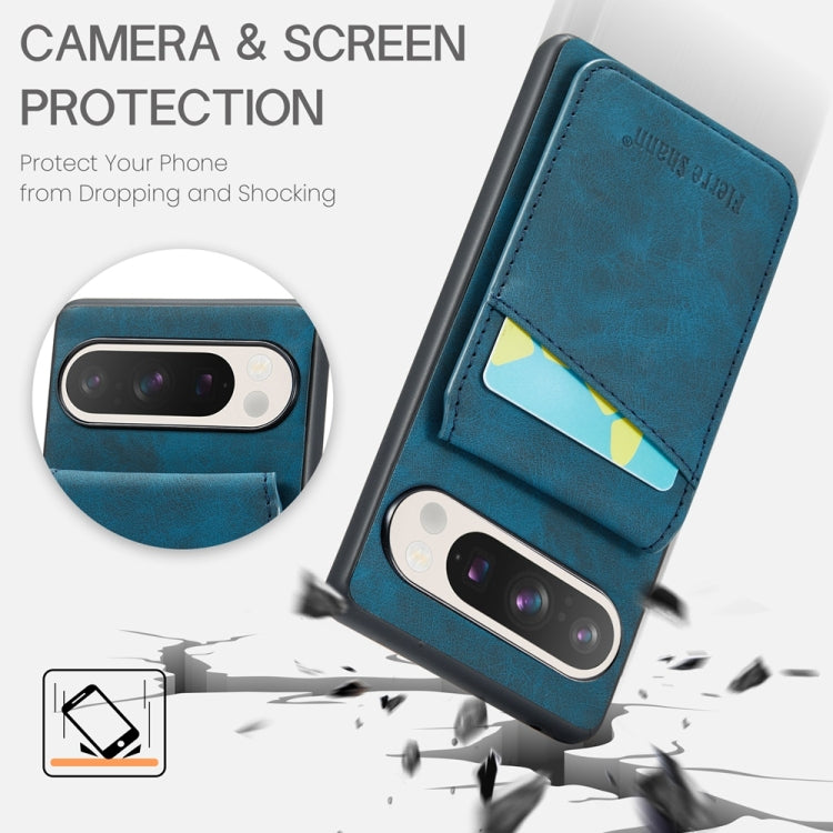 For Google Pixel 9 / 9 Pro Fierre Shann Crazy Horse Card Holder Back Cover PU Phone Case(Blue)