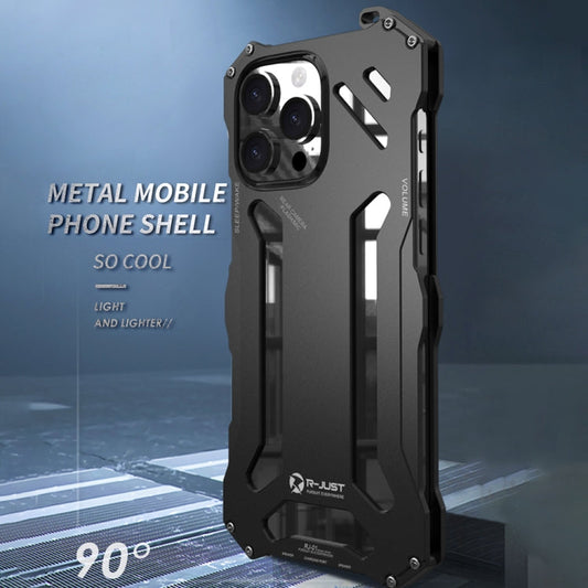 For iPhone 16 R-JUST RJ-17 Shockproof Armor Hollow Metal Phone Case(Black)