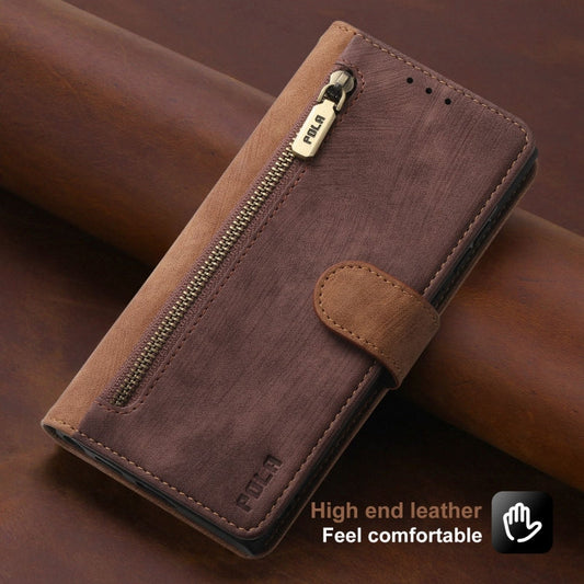 For iPhone 15 Pro POLA Dual-color Zipper Wallet RFID Leather Phone Case(Burgundy Brown)