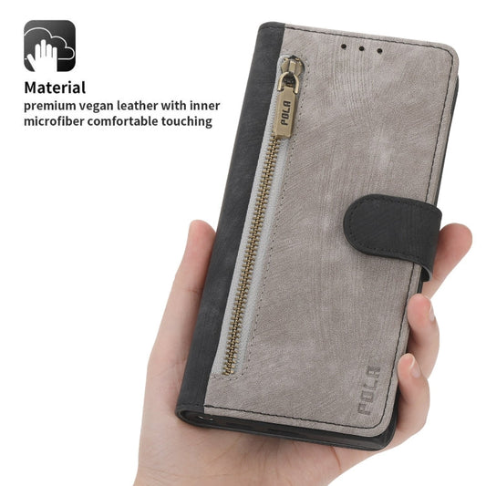 For Samsung Galaxy S22 Ultra 5G POLA Dual-color Zipper Wallet RFID Leather Phone Case(Grey Black)