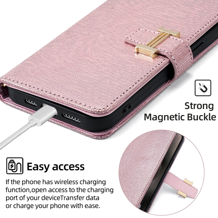 For iPhone 15 Plus POLA Crossbody Chain I-Shape Buckle Sequins Leather Phone Case(Rose Gold)