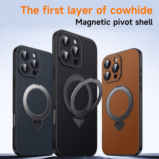 For iPhone 15 Pro Max SULADA Top Grain Leather MagSafe Magnetic Holder Phone Case(Black)
