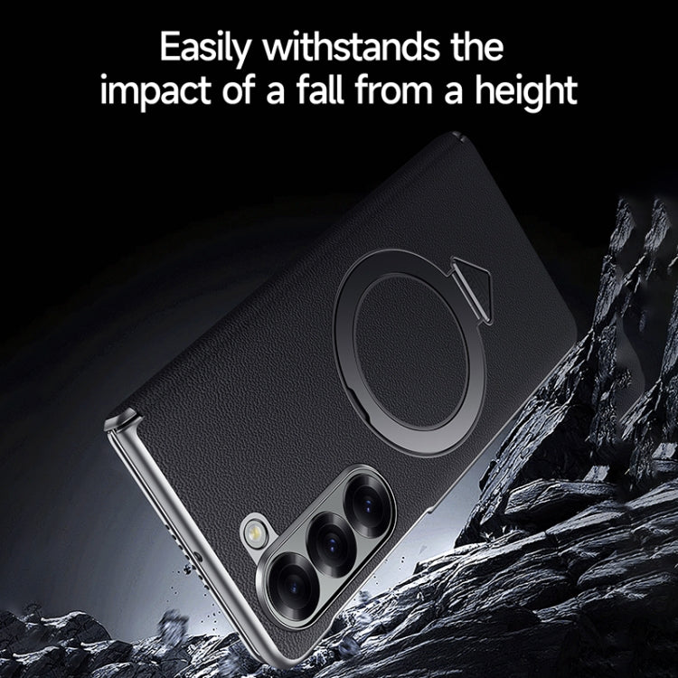 For Samsung Galaxy Z Fold 5 SULADA Top Grain Leather MagSafe Magnetic Holder Phone Case(Black)