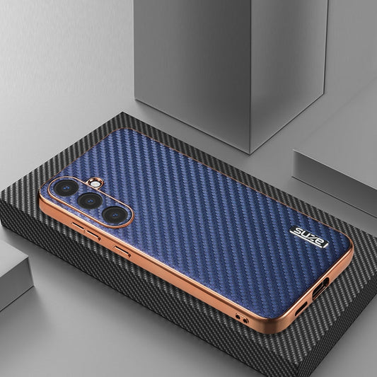 For Samsung Galaxy S25 5G AZNS Electroplated Edge Carbon Fiber Texture Phone Case(Blue)