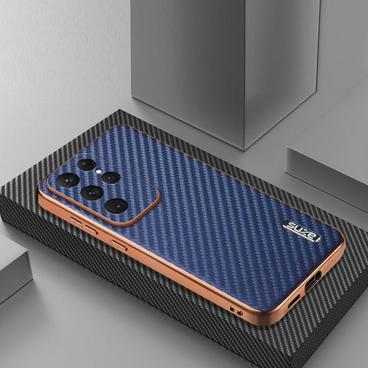 For Samsung Galaxy S25 Ultra 5G AZNS Electroplated Edge Carbon Fiber Texture Phone Case(Blue)