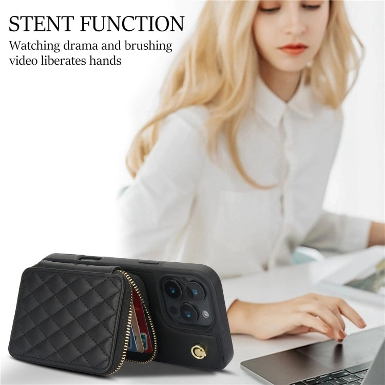 For iPhone 16 Pro AwQuer Crossbody Zipper Wallet Rhombic Leather Back Phone Case(Black)