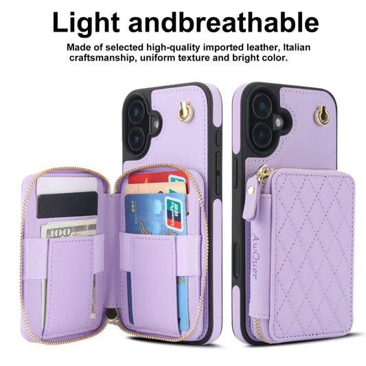 For iPhone 16 Plus AwQuer Crossbody Zipper Wallet Rhombic Leather Back Phone Case(Purple)