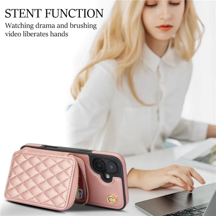 For iPhone 16 AwQuer Crossbody Zipper Wallet Rhombic Leather Back Phone Case(Rose Gold)