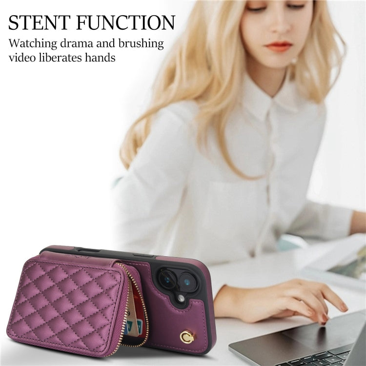 For iPhone 16 AwQuer Crossbody Zipper Wallet Rhombic Leather Back Phone Case(Dark Purple)