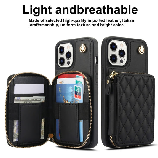 Pour iPhone 15 Pro Max AwQuer Étui de téléphone arrière en cuir losange avec portefeuille à fermeture éclair (noir)
