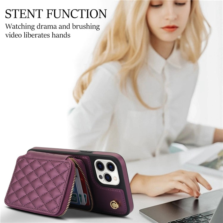 For iPhone 15 Pro Max AwQuer Crossbody Zipper Wallet Rhombic Leather Back Phone Case(Dark Purple)