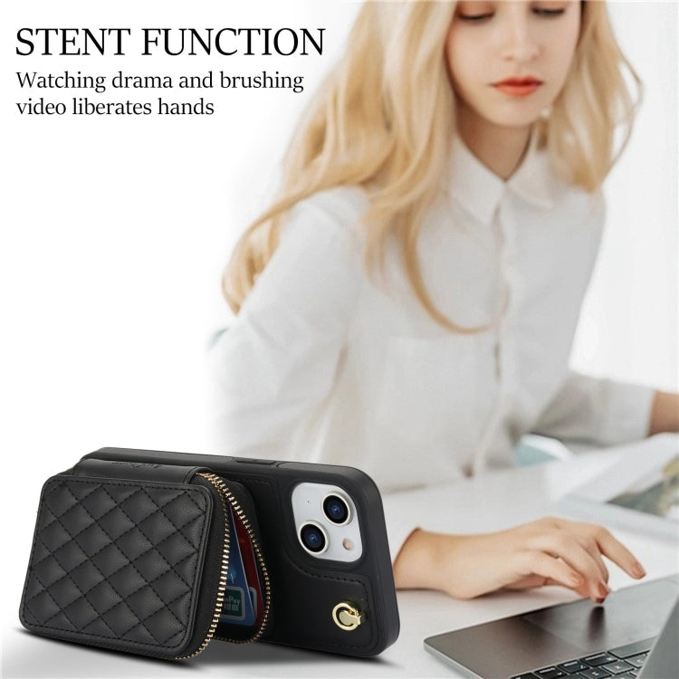 For iPhone 15 AwQuer Crossbody Zipper Wallet Rhombic Leather Back Phone Case(Black)