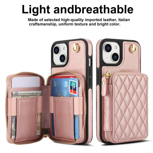 For iPhone 15 AwQuer Crossbody Zipper Wallet Rhombic Leather Back Phone Case(Rose Gold)