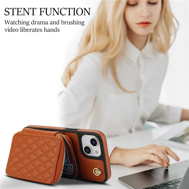 For iPhone 15 AwQuer Crossbody Zipper Wallet Rhombic Leather Back Phone Case(Brown)