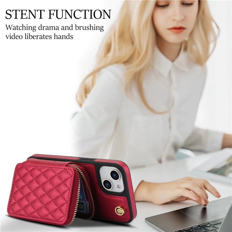 For iPhone 14 Plus AwQuer Crossbody Zipper Wallet Rhombic Leather Back Phone Case(Red)