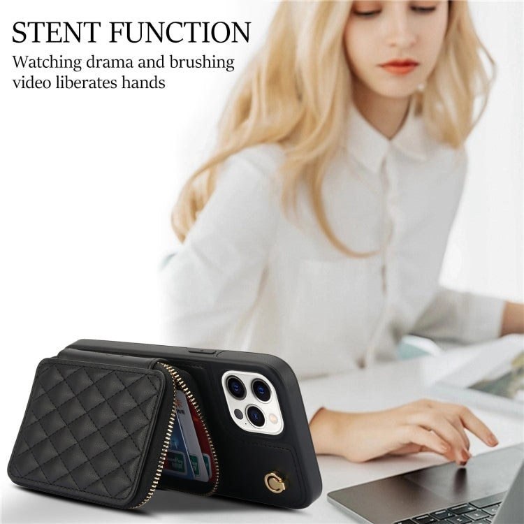 For iPhone 14 Pro AwQuer Crossbody Zipper Wallet Rhombic Leather Back Phone Case(Black)