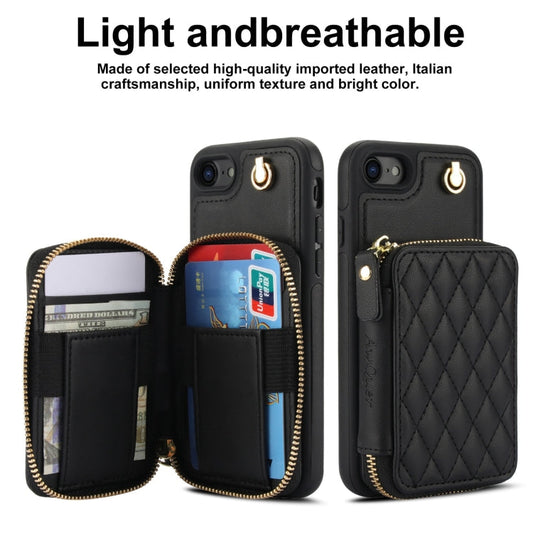 For iPhone 7 / 8 / SE 2022 AwQuer Crossbody Zipper Wallet Rhombic Leather Back Phone Case(Black)