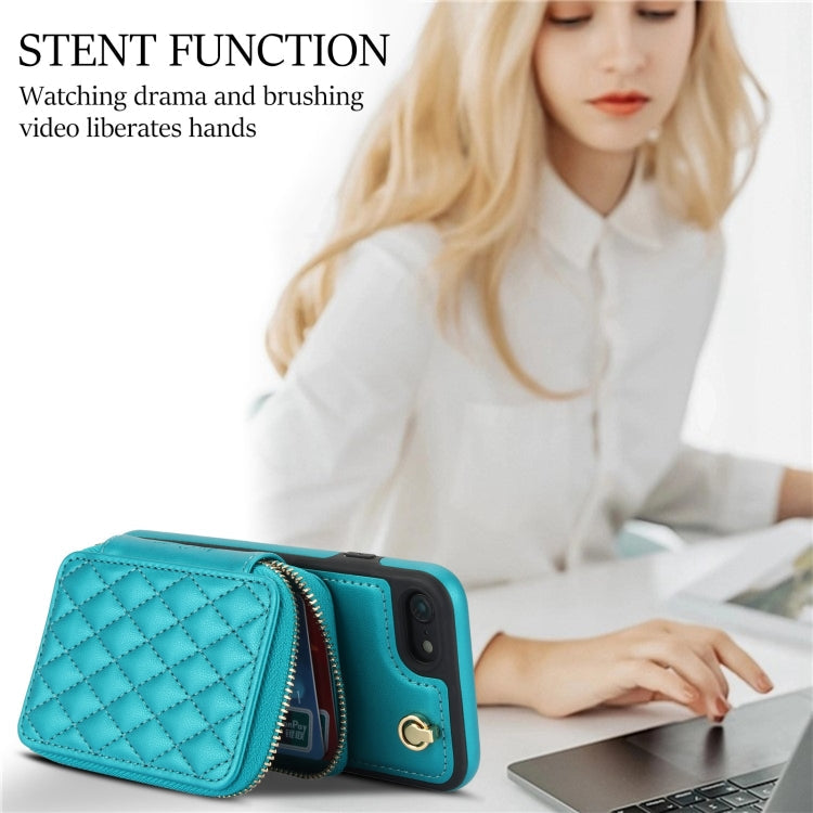 For iPhone 7 / 8 / SE 2022 AwQuer Crossbody Zipper Wallet Rhombic Leather Back Phone Case(Green)