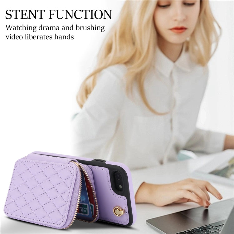 For iPhone 7 / 8 / SE 2022 AwQuer Crossbody Zipper Wallet Rhombic Leather Back Phone Case(Purple)