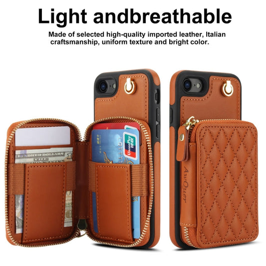 For iPhone 7 / 8 / SE 2022 AwQuer Crossbody Zipper Wallet Rhombic Leather Back Phone Case(Brown)