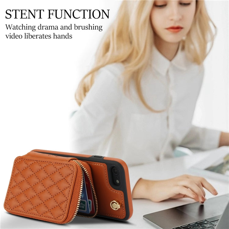 For iPhone 7 / 8 / SE 2022 AwQuer Crossbody Zipper Wallet Rhombic Leather Back Phone Case(Brown)