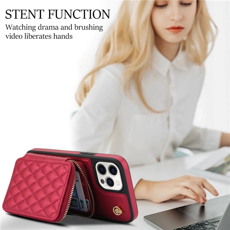 For iPhone 13 Pro Max AwQuer Crossbody Zipper Wallet Rhombic Leather Back Phone Case(Red)