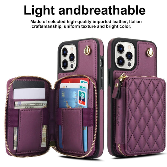 For iPhone 13 Pro Max AwQuer Crossbody Zipper Wallet Rhombic Leather Back Phone Case(Dark Purple)
