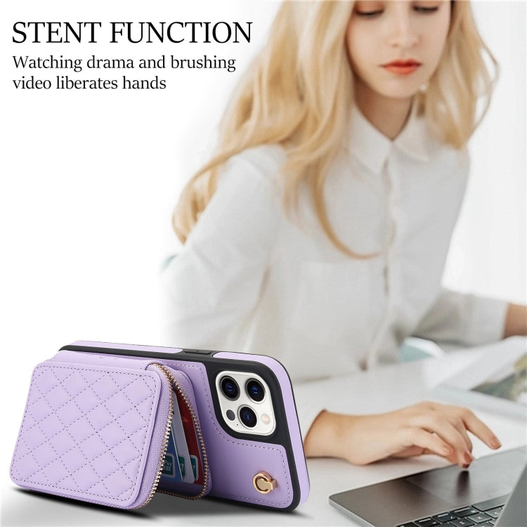 Pour iPhone 13 Pro Max Étui portefeuille croisé zippé AwQuer en cuir losangique (violet)