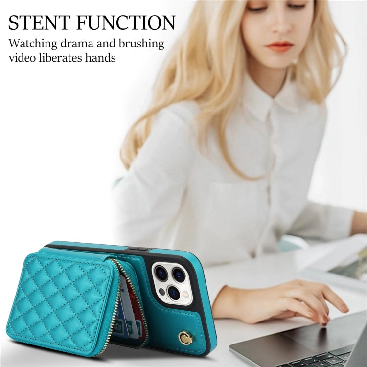 For iPhone 13 Pro AwQuer Crossbody Zipper Wallet Rhombic Leather Back Phone Case(Green)