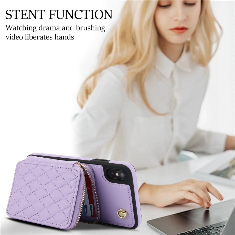 Pour iPhone X / XS AwQuer Housse de téléphone arrière en cuir losangé avec portefeuille à fermeture éclair et bandoulière (violet)