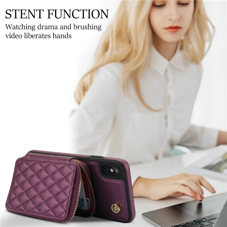 For iPhone XR AwQuer Crossbody Zipper Wallet Rhombic Leather Back Phone Case(Dark Purple)